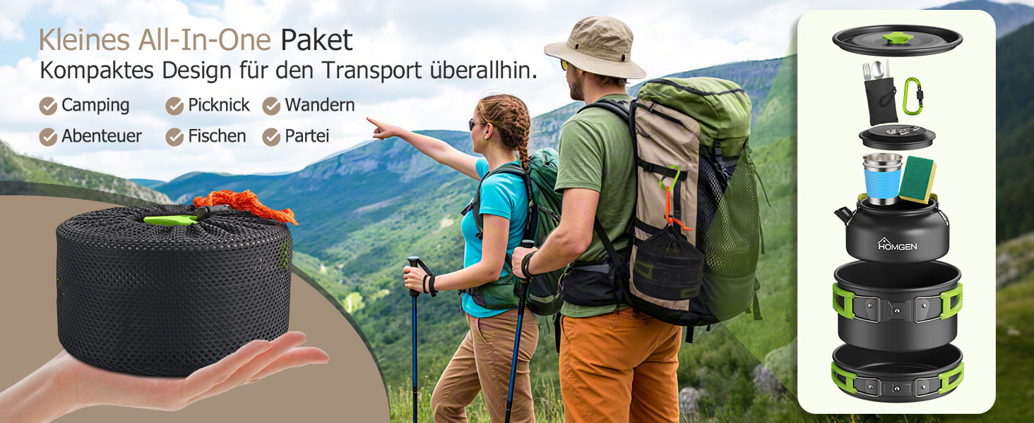 Набір кухонного посуду для кемпінгу Homgen: каструлі та сковорідки з алюмінію, легкий, для 2-3 осіб, з сумкою для зберігання, підходить для кемпінгу, пікніків, походів