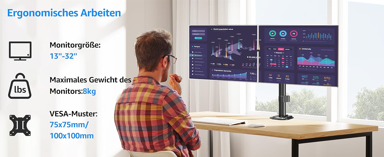 Кріплення для монітора MOUNTUP Dual - для 2 моніторів 13-32 дюйми, регульоване, настільне, VESA 75/100mm