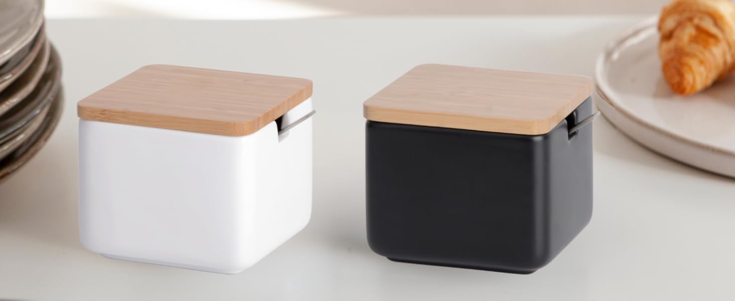 Керамічна цукерниця з ложкою та кришкою з бамбука - цукерниця для дому та кухні, сучасна куляста форма, для цукру, сиру, спецій, 10 x 10 x 9 см (Біла Кругла) (Чорна)