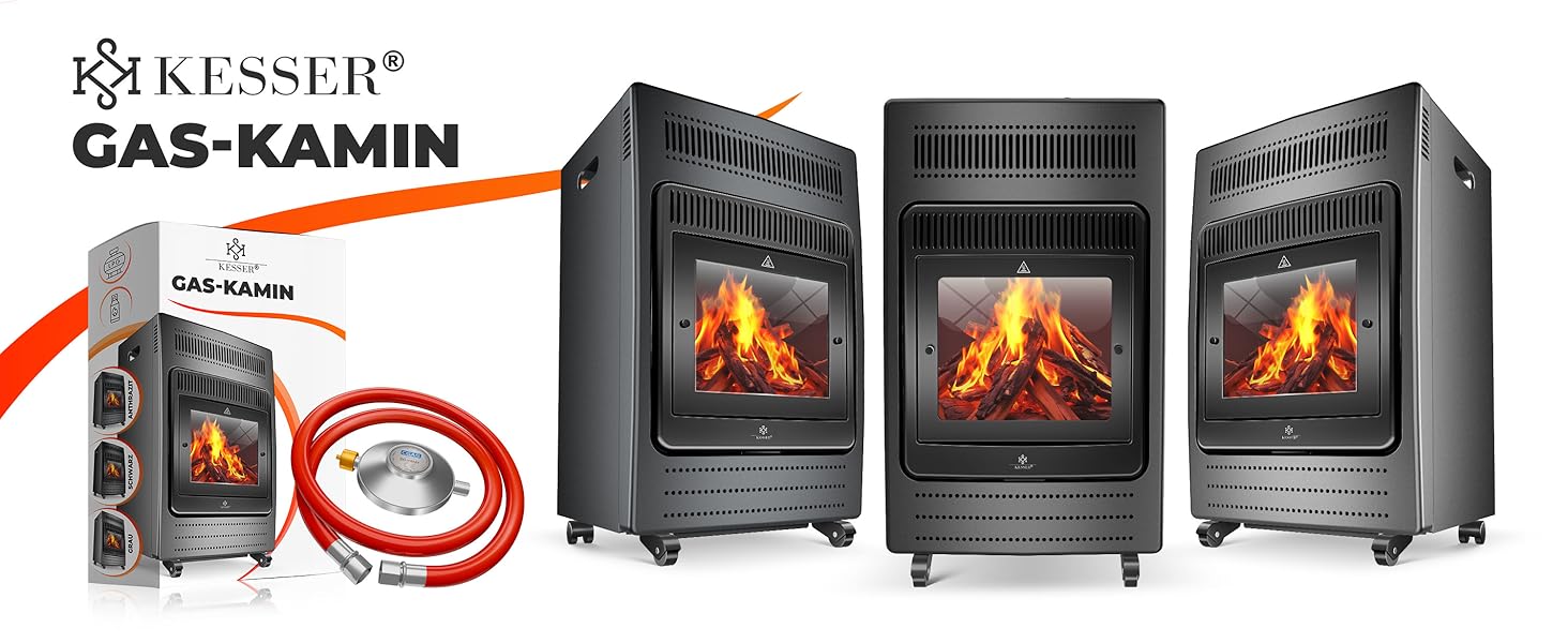 Газовий обігрівач KESSER® - газовий камін з інфрачервоним нагрівачем, 3.4 кВт, 2 режими, з газовим редуктором та шлангом, для бутану/пропану, антрацит