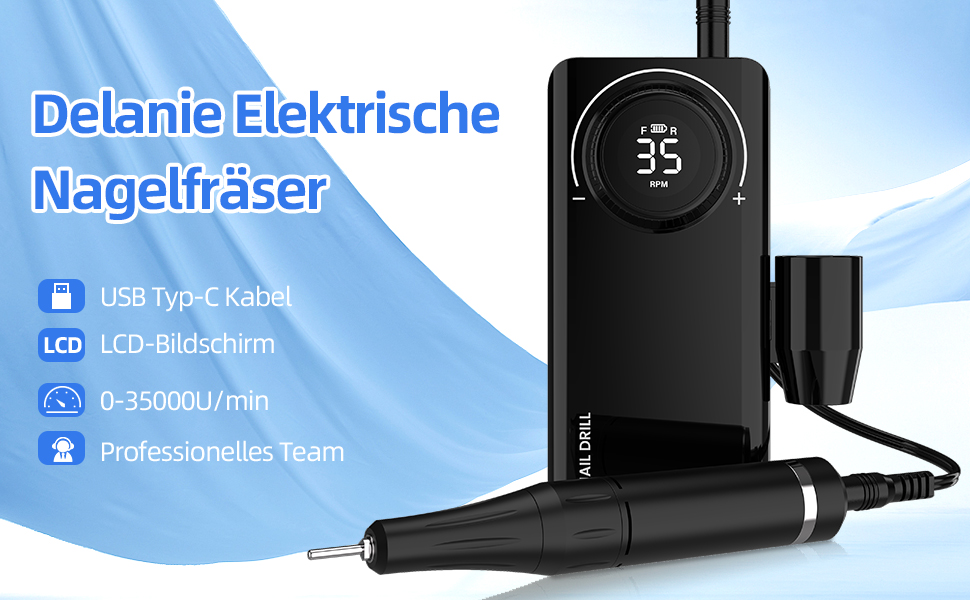 Електричний фрезер для манікюру та педикюру Delanie з акумулятором, 35000 об/хв, для гелю, акрилу, видалення кутикули, LED-дисплей, USB-зарядка (чорний)