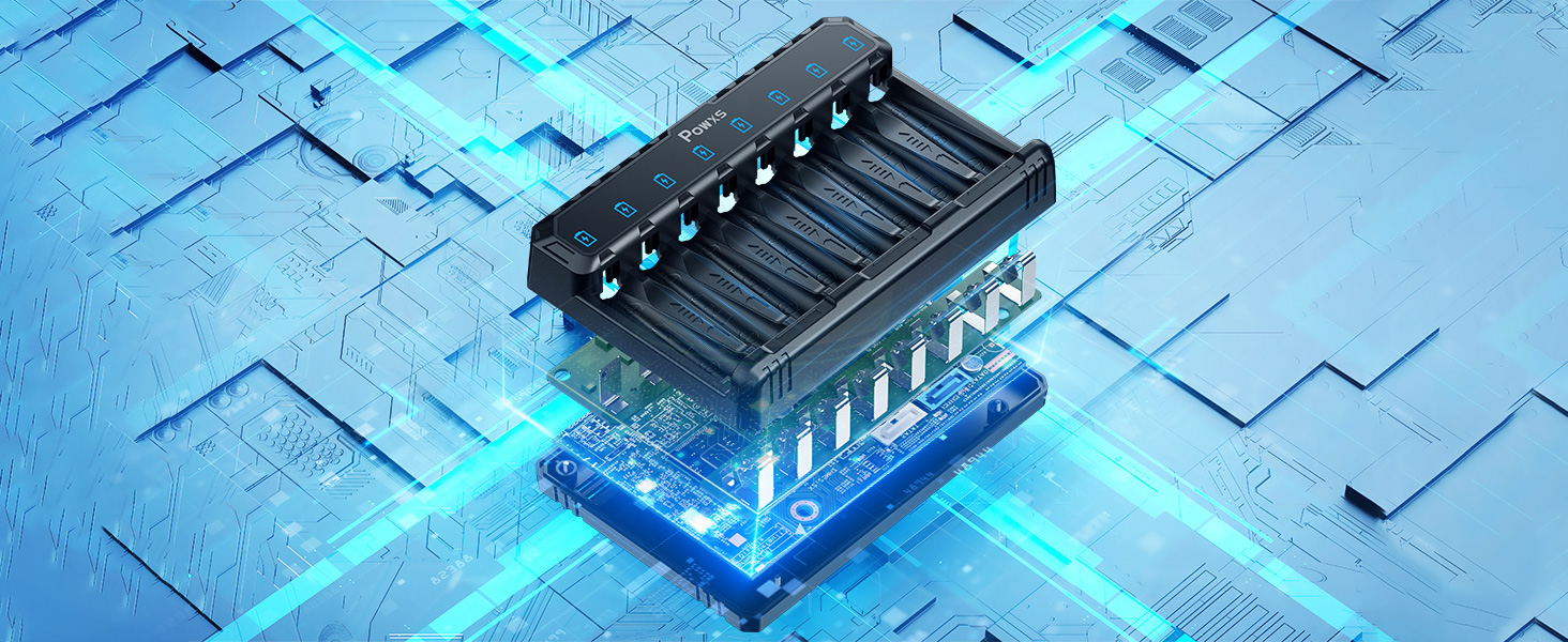 Зарядний пристрій POWXS для акумуляторів AA AAA (NIMH/NICD/Li-ion/Lithium) з LED-дисплеєм та USB-C, 8 слотів, швидка зарядка