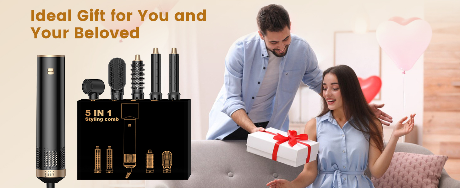 Мультистайлер для волосся 6 в 1 UKLISS з LCD-дисплеєм 1000W: фен-щітка, плойка, вирівнювач для сушіння, об'єму та завивки волосся (Gold Black)