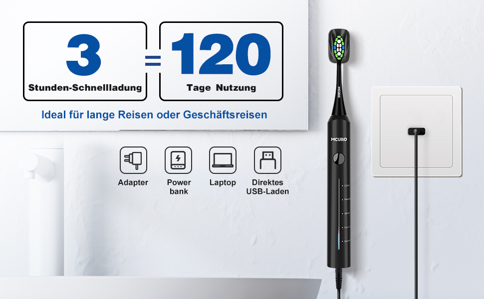 Електрична зубна щітка Sonic, 45000 VPM, відбілювання за тиждень, 120 днів роботи акумулятора, індикатор заряду, 6 насадок DuPont, 5 режимів, таймер, чорна