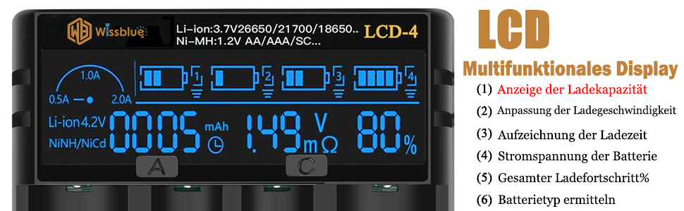 Зарядний пристрій LCD для акумуляторів 18650 з USB Power Bank 2A, для Li-ion/Ni-MH (14500, 16340, 18650, 20700, 21700, 26650, AA, AAA)