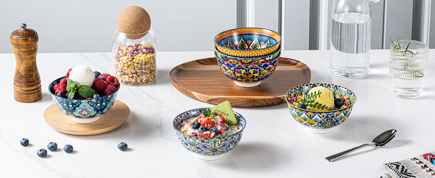 Набір керамічних мисок HENXFEN для мюслі, супу, салату та пасти (6 шт.) - богемний стиль