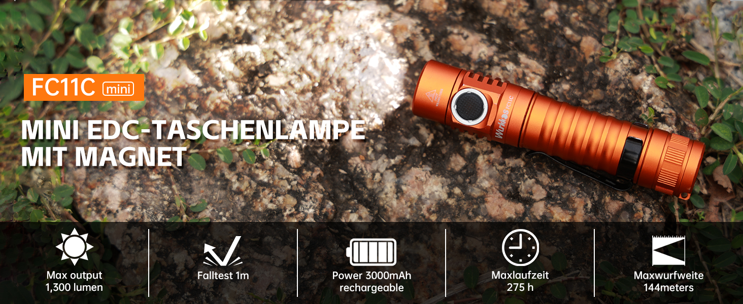 Wurkkos FC11-C LED ліхтарик: 1200 Люмен, USB-C, 90 CRI, 5000K, Магнітний корпус, перезаряджається