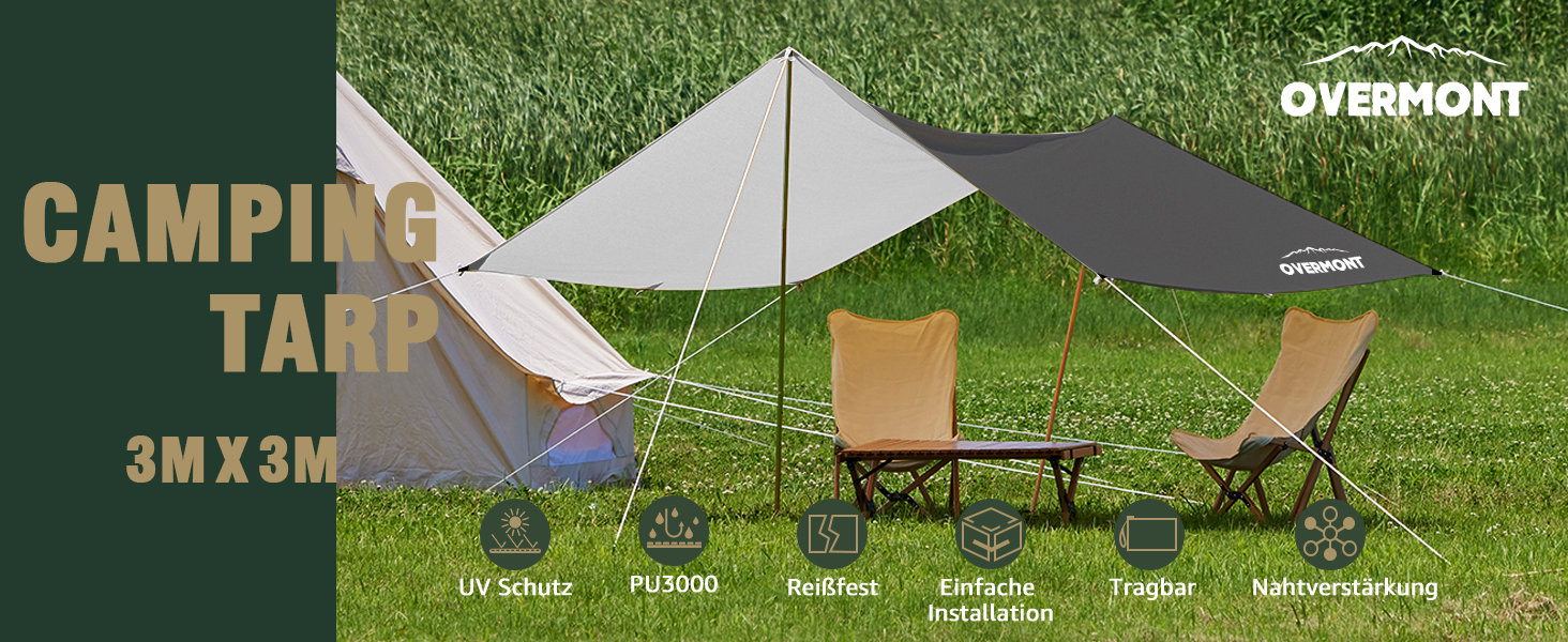 Намет Overmont 3x3м, Тент, Сонячний Павільйон з 6 кілочками та 6 мотузками. Захист від сонця для гамака, відпочинку на природі, подорожей та пікніків (Чорний)