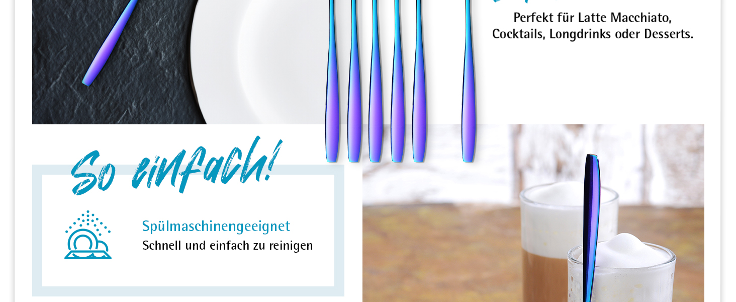 Ложка для Еспресо та Латте-Макіято Gräwe з нержавіючої сталі, довга, для кави, десертів та холодного чаю, миється в посудомийній машині, кольори (Райдуга)