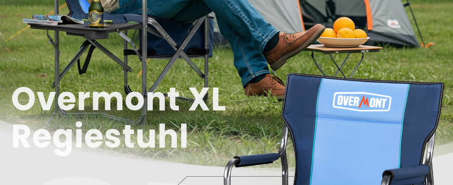 Кемпінговий стілець OVERMONT складний з бічним столиком та охолоджувальною сумкою, до 180 кг, синій