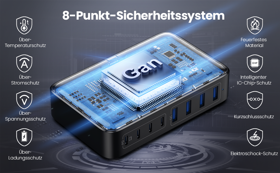 Зарядний пристрій Feob 200W USB-C GaN III 8-Port з PPS PD 65W для MacBook, iPhone, Steam Deck, смартфонів - Чорний