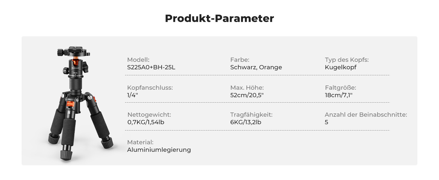 Міні штатив K&F Concept S225A1+BH-25: компактний штатив для камери з кульковою головкою 360°, 52 см, з тримачем для телефону, для Canon/Sony/Nikon/Fujifilm, до 6 кг