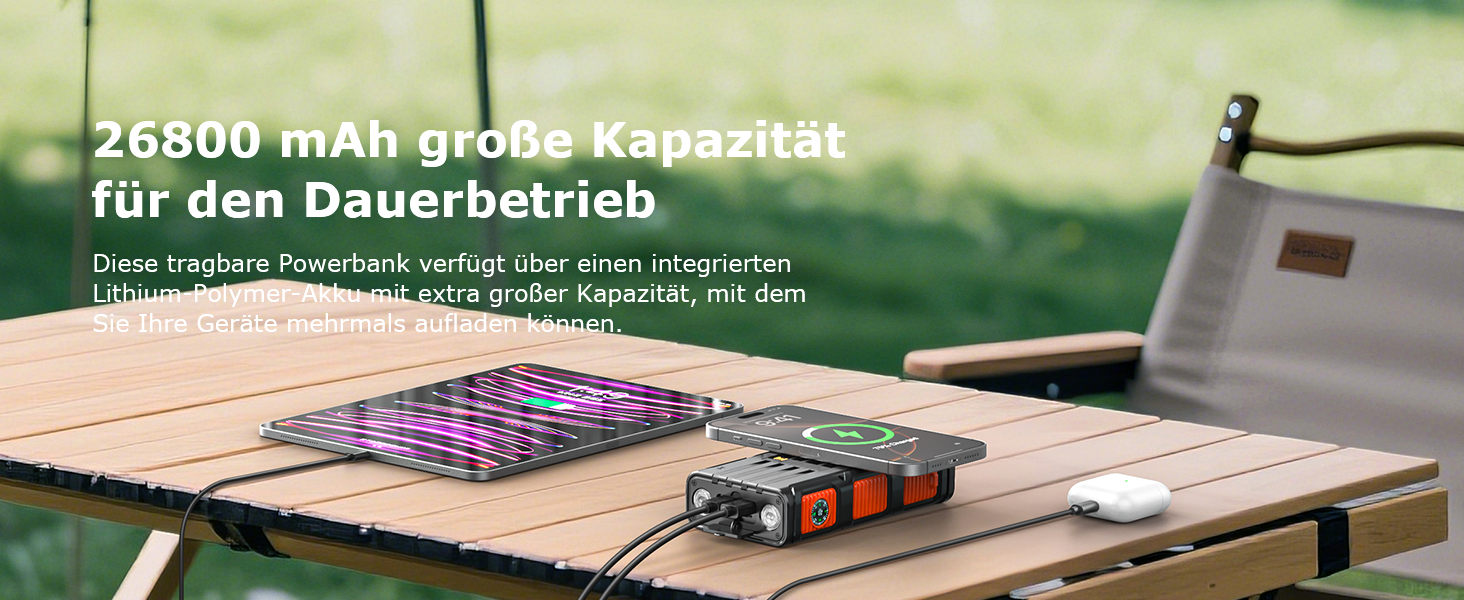 Повербанк сонячний Wireless 26800mAh з ручною зарядкою та 4 кабелями, Power Bank USB-C швидка зарядка, 7 портів, водонепроникний для кемпінгу, помаранчевий