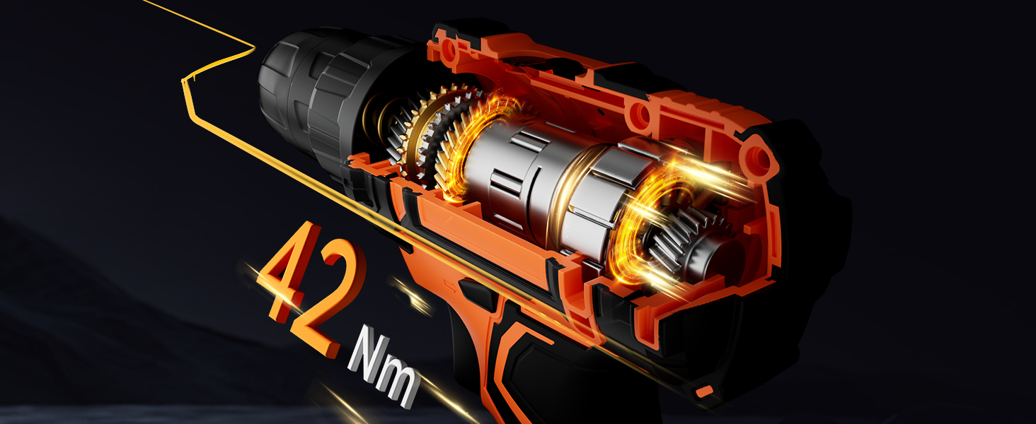Акумуляторний шуруповерт 20V з набором 2 акумуляторів 2.0Ah, 42Nm, 25+1 ступенів, 10мм патрон, 2 швидкості, LED-підсвічування, 24шт аксесуарів та кейс, для ремонту та DIY