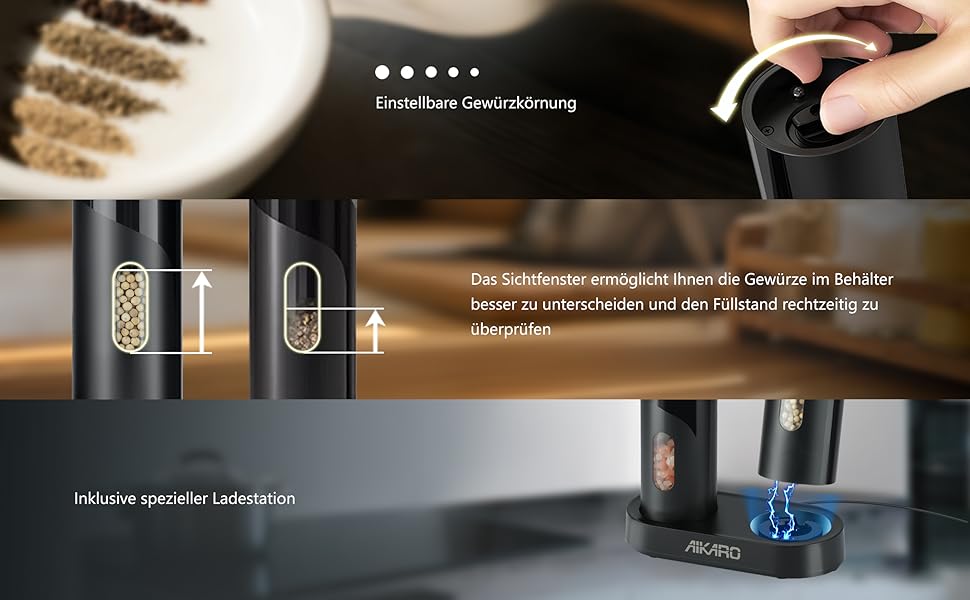 Електрична млинка для солі та перцю Aikarо - автоматична, з акумулятором, перезарядна база в комплекті