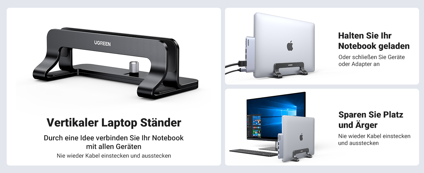 Підставка для ноутбука UGREEN з алюмінію, 3 слоти | Вертикальна підставка для MacBook, iPad, Huawei, Surface, Dell, HP | Чорний