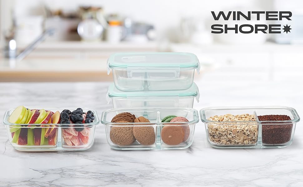 Контейнери для харчування Winter Shore скляні з 2 відділеннями (5 шт) - BPA-free, герметичні, для мікрохвильовки, морозилки та посудомийки (бірюзові)