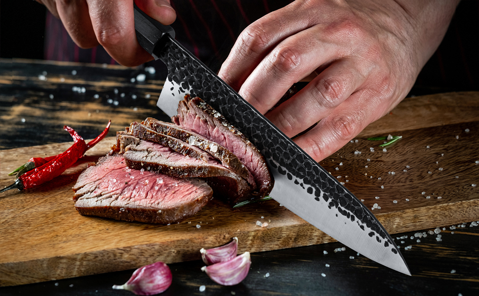 Японський кухонний ніж Gyuto 21 см, професійний, ручної роботи, з високоякісної сталі AUS-8, з дерев'яним руків'ям з палісандру, подарункова коробка