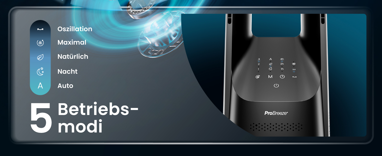 Вентилятор Pro Breeze 101 см з ротором, осцилюючий, з пультом, LED-дисплеєм, 6 швидкостей, тихий, 5 режимів, авто-обертання 60°, таймер 7 год, чорний