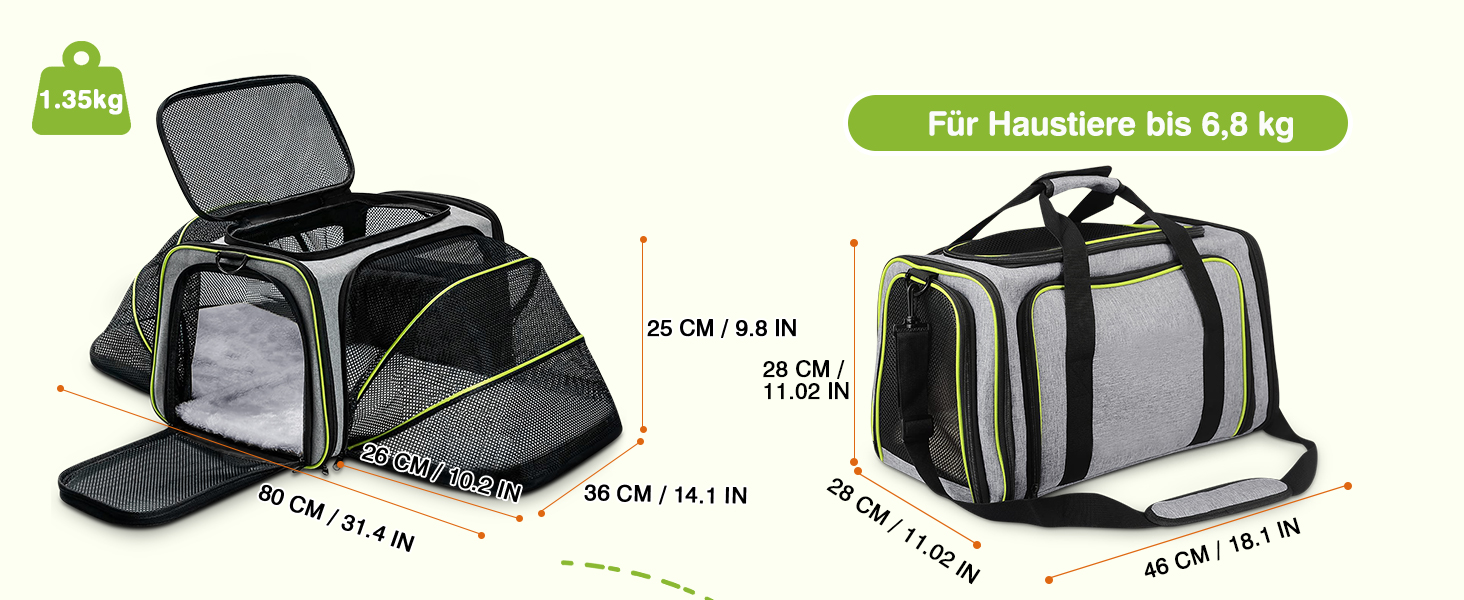 Транспортна сумка для котів та маленьких собак ALLSOPETS, розширювана, з підкладкою з флісу та кишенями (сірий & зелений)