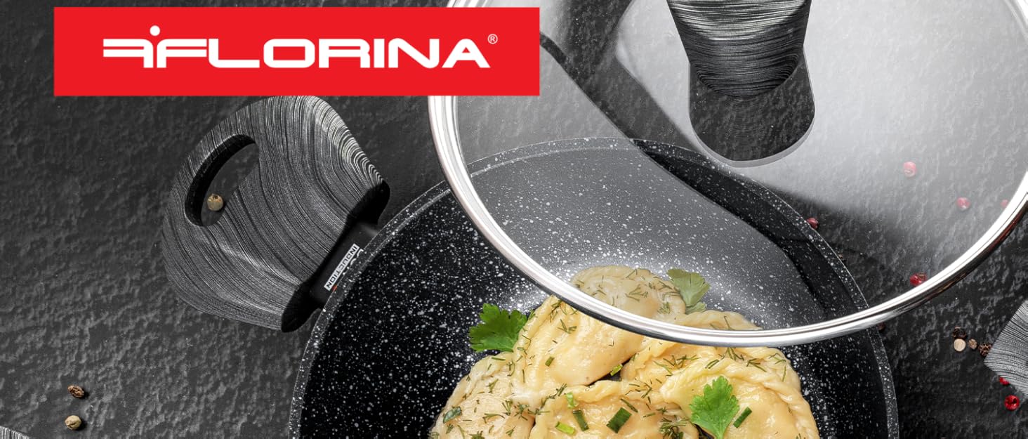 Каструля Florina Aluminium Topf 5 л з нержавіючою сталлю, 22 см з кришкою з термостійкого скла, мірна склянка, антикцарапаюче покриття, каструля з індукційним дном, підходить для індукційних, газових та електричних плит (чорна)
