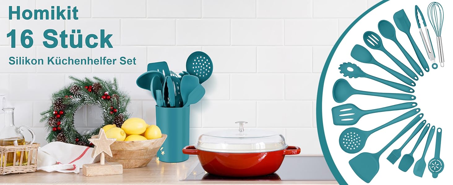 Набір кухонних аксесуарів Homikit, 16 шт. з тримачем, синій. Жаростійкий кухонний інвентар, набір кухонного приладдя, придатний для миття в посудомийній машині