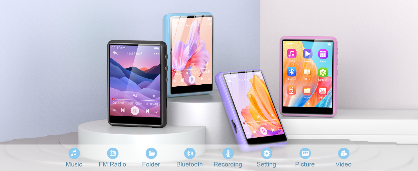 MP3-плеєр 64GB Bluetooth 5.3 з сенсорним екраном 2.4' для дітей, FM-радіо, запис голосу, Line-In (Чорний, Синій)