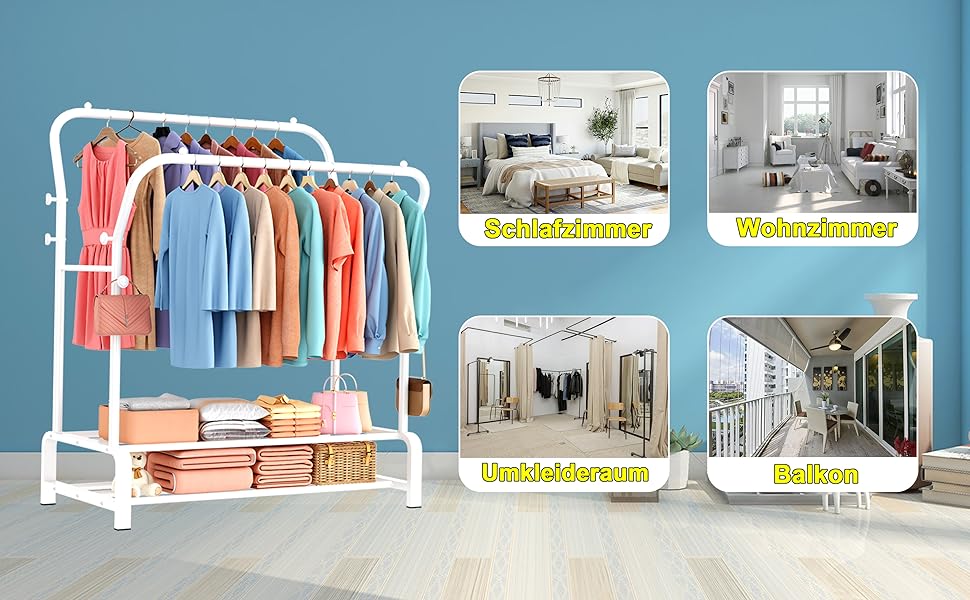 Вішалка для одягу металева подвійна з гачками та полицею для взуття, біла - Stabil