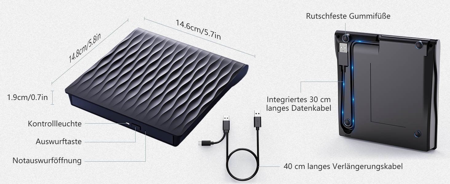 Зовнішній DVD CD привід DANGZW USB 3.0 Type-C, портативний DVD-записувач та плеєр для ноутбука та ПК, сумісний з Windows, Linux, MacOS, матовий чорний