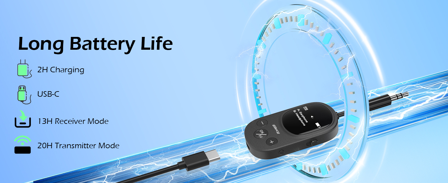 Bluetooth-адаптер 2-в-1 (передавач та приймач) з OLED-дисплеєм, aptX Low Latency, роз'єм 3.5 мм Jack для ТБ, літака, навушників та AirPods, чорний