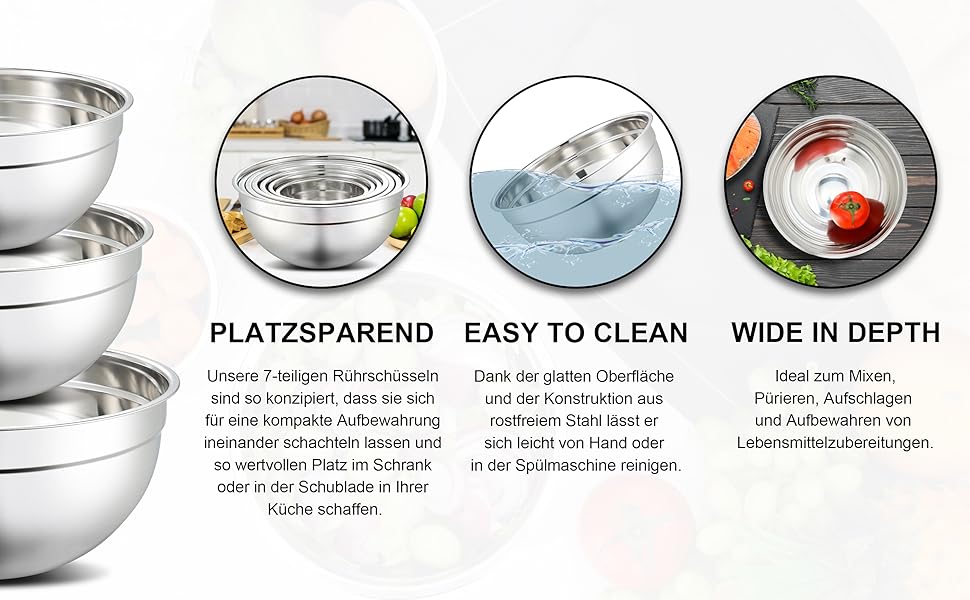Набір мисок для перемішування Hunnycook Bunte 5 шт., нержавіюча сталь, з кришкою, силіконове дно, тертки, 4.5/4/2.4/1.7/0.8 л, мийка в посудомийній машині
