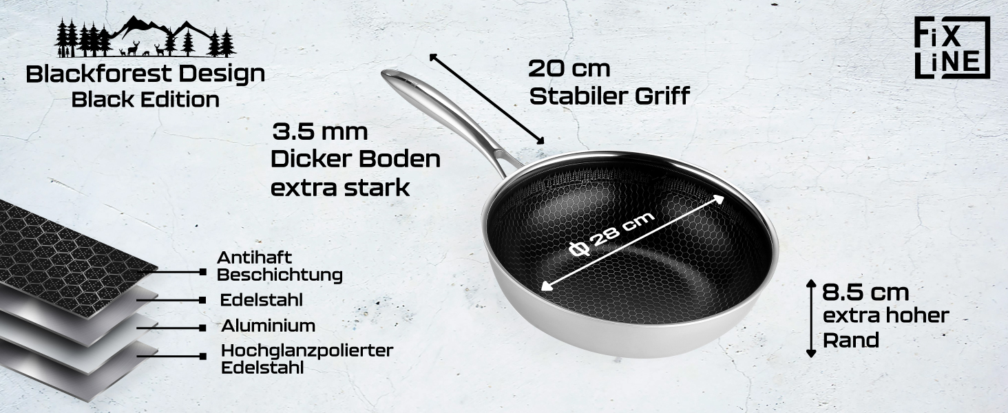 FIXLINE® Сковорода Black Forest 28 см з антипригарним покриттям без PTFE, для всіх типів плит (включно з індукцією), сумісна з духовкою до 230°C, легке очищення, ідеальна ідея для подарунка