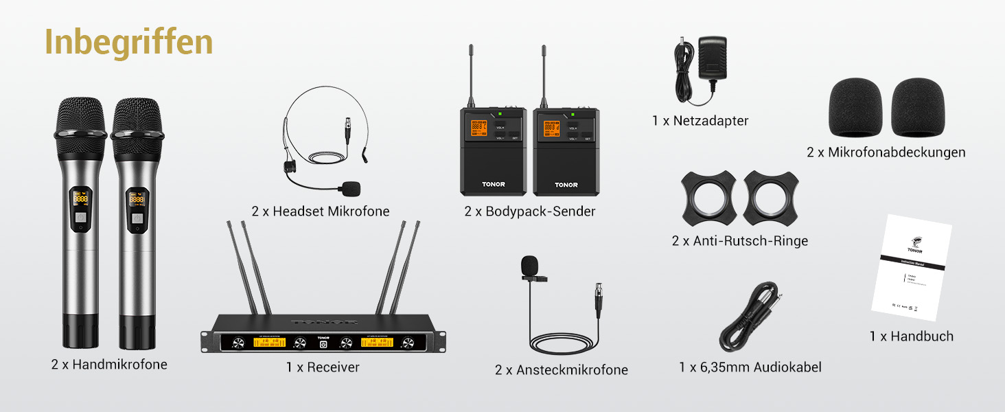 TONOR Бездротовий мікрофонний комплект UHF з 4 каналами: ручний, нагрудний, наголовний мікрофон, 90 м радіус дії, для співу, караоке, 2 ручні мікрофони та 2 нагрудні передавачі