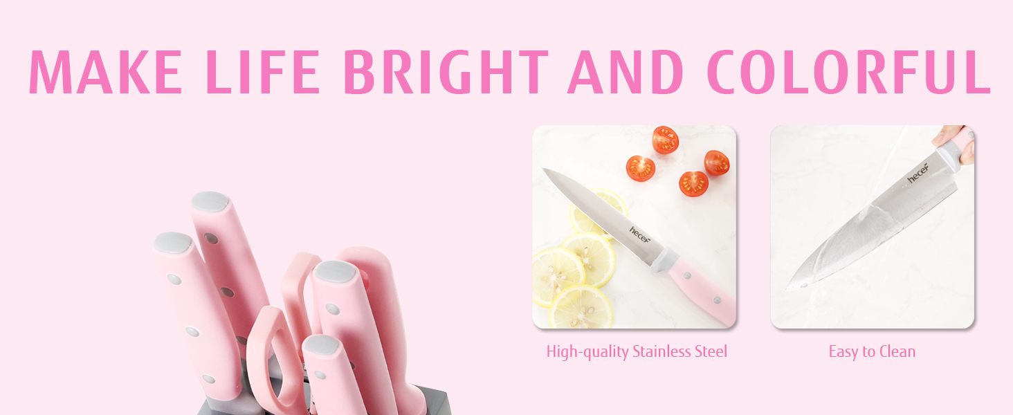 Набір ножів Hecef 14 предметів з дерев'яним блоком, професійний набір кухонних ножів з нержавіючої сталі, з ножицями/ножем для стейку/точильним інструментом (рожевий)