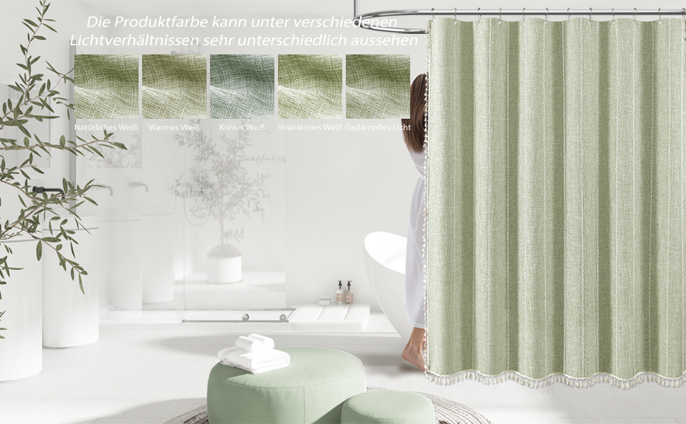 Шторка для душу BTTN 182 x 200 см, Бохо Ферма, важка тканина з рустикальним дизайном та бахромою, Водостійка, з 12 гачками, (Зелений, смугастий, H200 x B180 см (1 шт))