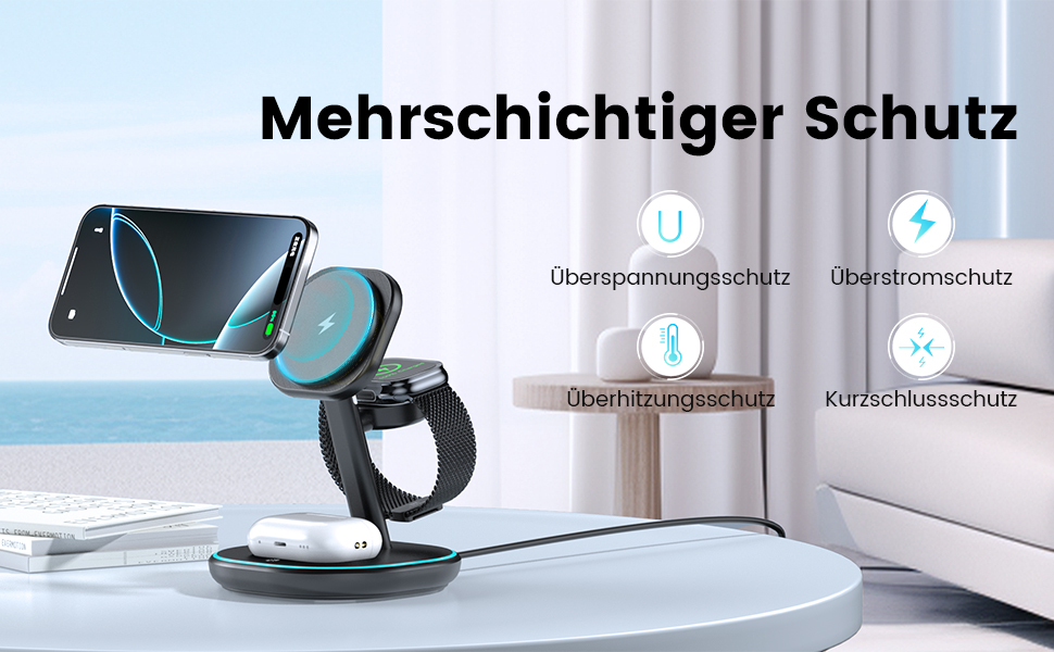 3-в-1 Зарядний пристрій MagSafe, 15W Швидка Бездротова Зарядка, Індукційна Зарядка для iPhone 16/15/14/13/12, Розумний годинник, AirPods Pro/2/3 - Чорний