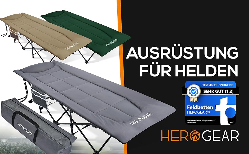 Розкладне ліжко HEROGEAR з бавовняною подушкою та матрацом | Гостьове, кемпінгове, пляжне ліжко для дорослих | 190 x 67 см, сірий камінь