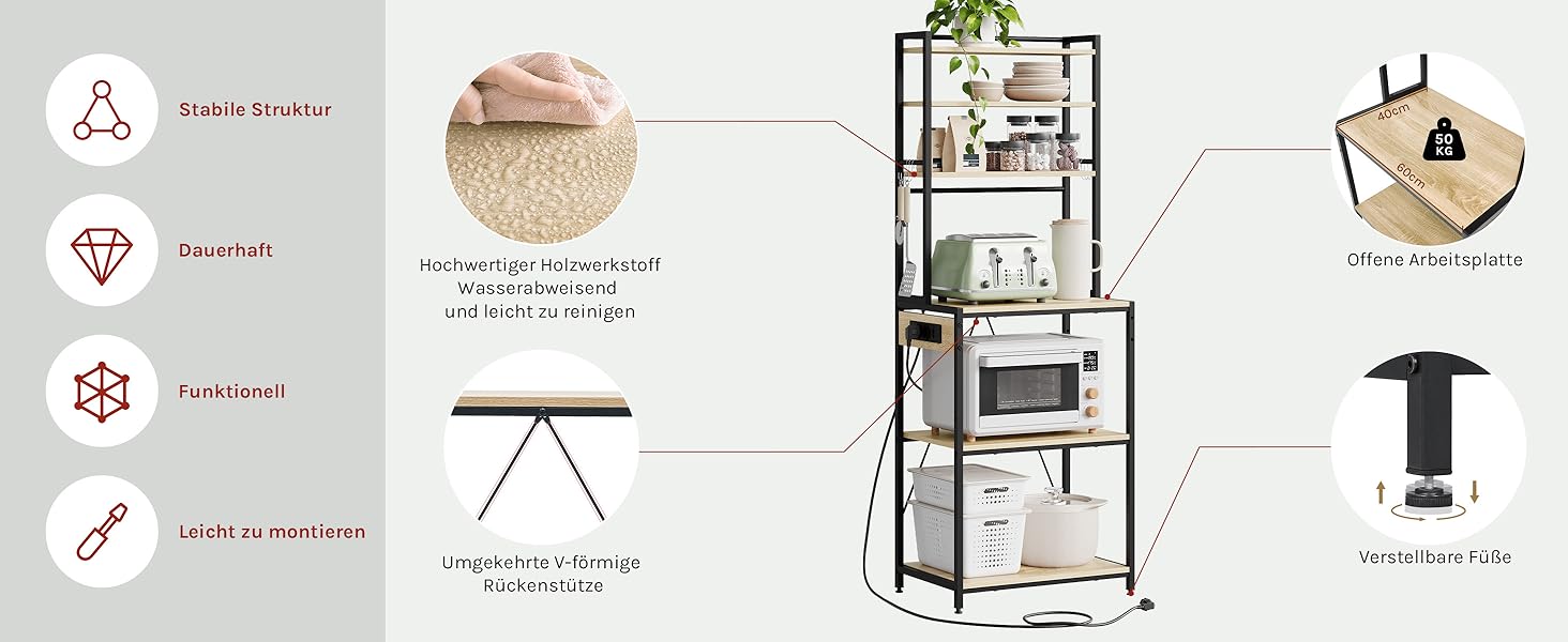 Кухонна полиця WOLTU з 6 ярусами, з розетками, для мікрохвильової печі, з металевим каркасом, регульовані полиці, Чорний+Рустикальний коричневий, 60 x 167 x 40 см