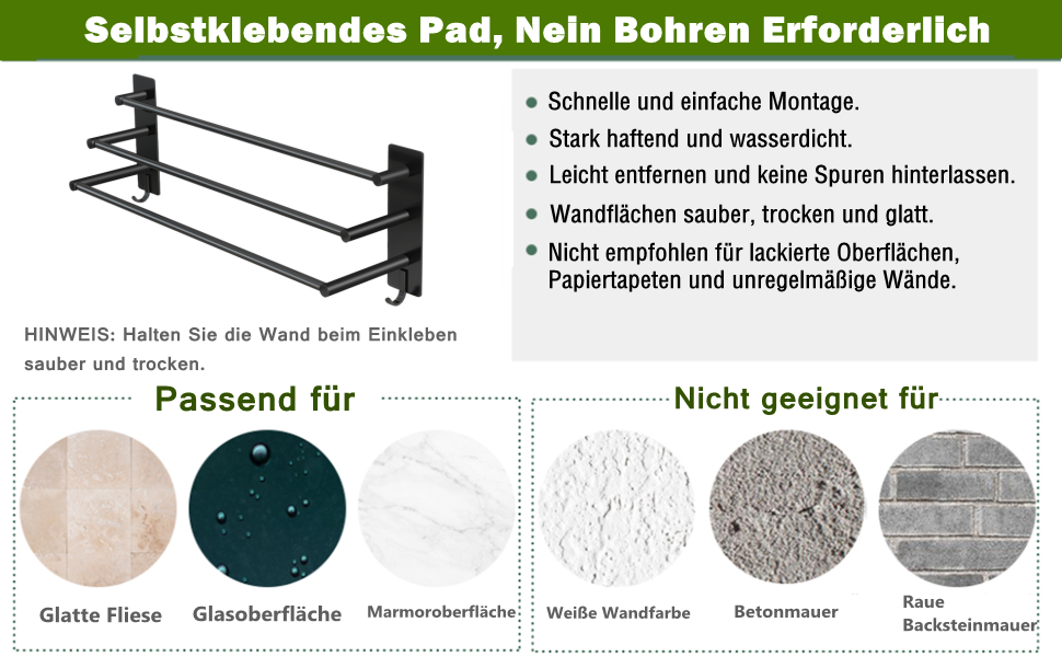 Тримач для рушників Vista з 3-ма штангами, без свердління, нержавіюча сталь SUS304, сріблястий, з двома гачками, 60 см, для кухні, ванної кімнати, спальні