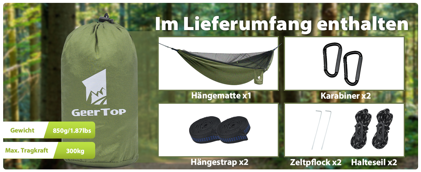 Гамак GEERTOP з москітною сіткою, 300 кг вантажопідйомність, для кемпінгу, походів, виживання, подорожей, саду