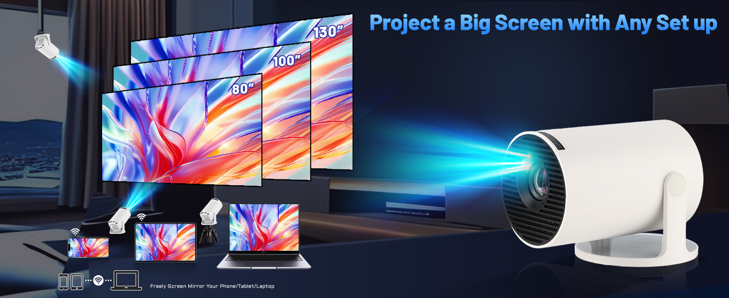 Проектор Mini Beamer 4K Smart Heimkino з Android 11, Wi-Fi 6, Bluetooth 5.4, автотрапецеїдна корекція, 180° поворот, 130-дюймовий екран для Phone/PC/Lap (Білий)