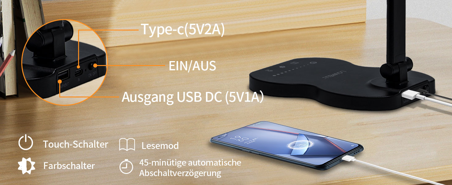 LED лампа настільна LQWELL® QM019, чорна: регулювання яскравості, 5 кольорів, 10 рівнів, USB-зарядка, сенсорне керування, пам'ять, для дітей, офісу