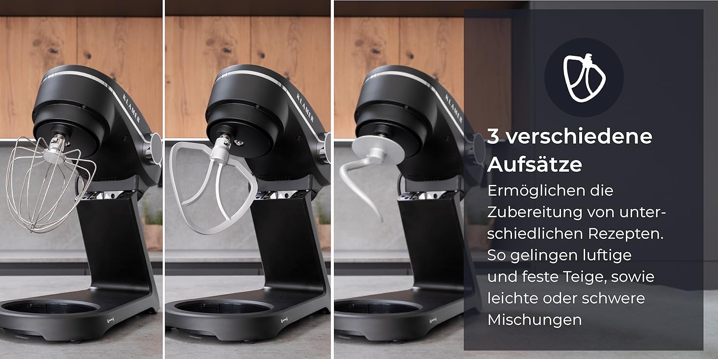 KLAMER 1800W Stand Mixer - Stainless Steel Bowl 6L, 10 Speed, Timer, Planetary Mixing, Dough Hook, Whisk & Beater - Black