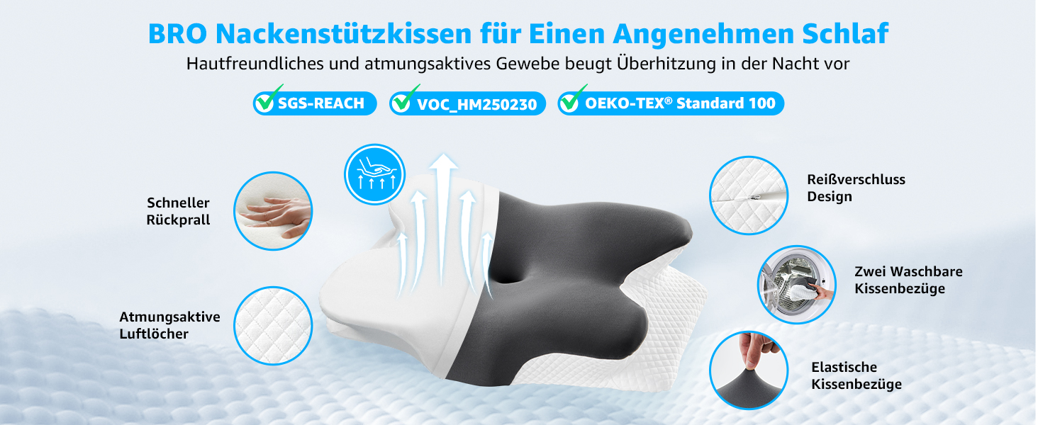 Подушка для шиї BRO з Memory Foam, 60x40x13 см. Ергономічна подушка для сну на боці, спині та животі. 2 чохли, для зняття болю в шиї.