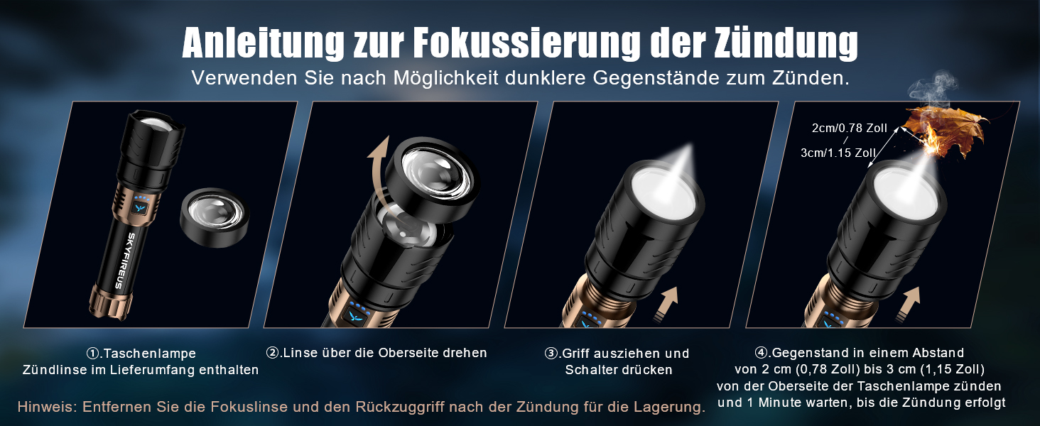 Ліхтар налобний LED Skyfire 900000 Люмен з лінзою для розпалювання вогню, USB-зарядка, 4 режими яскравості, Zoom, для кемпінгу, надзвичайних ситуацій та походів (чорне золото)