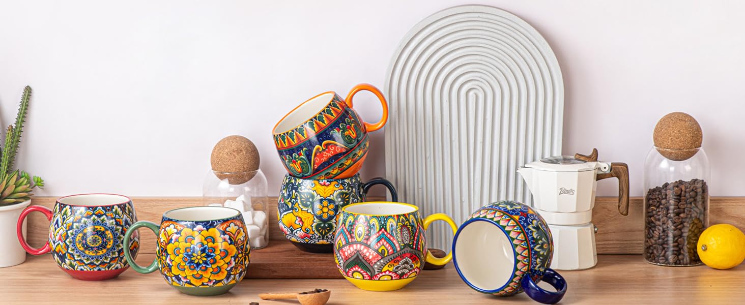 Набір чашок з порцеляни, керамічні чашки капучино/кружки - 600 мл, посуд для 6 осіб, набір чашок для кави - богемний стиль