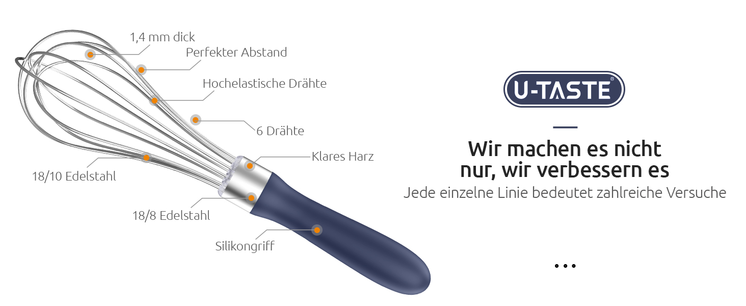 Міксер кухонний U-Taste, 30 см, нержавіюча сталь 18/10, 12 гнучких дротів, силіконовий грифель, для тіста та соусів, великий, колір: Місячна блакить