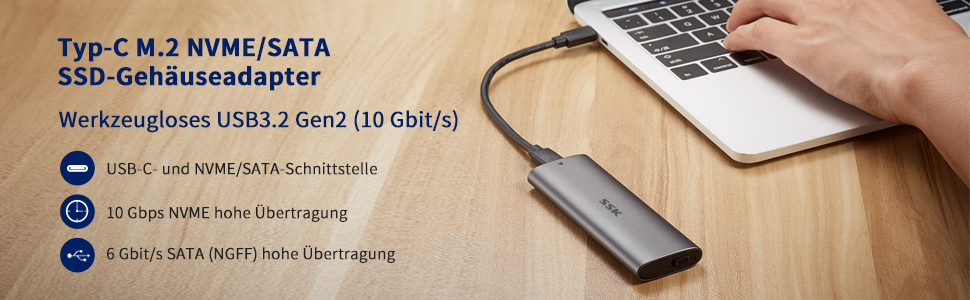 Зовнішній корпус для SSD SSK M.2 NVMe та SATA, адаптер USB 3.2 Gen 2 10Gbps, сірий
