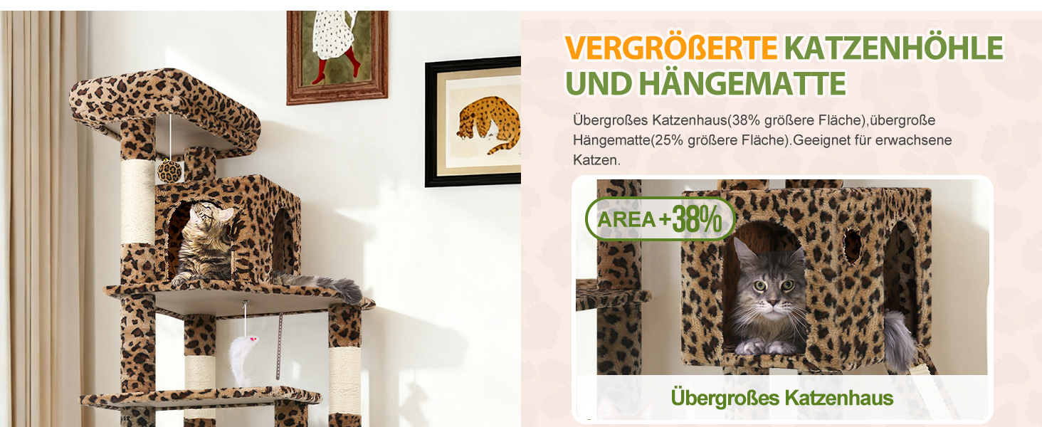 Драбина-будинок для котів Globlazer Kaktus (178 см) з гамаком, платформами, сходами з сизалю, для 2-4 котів, зелений (F70 Pro, XXL, леопардовий)