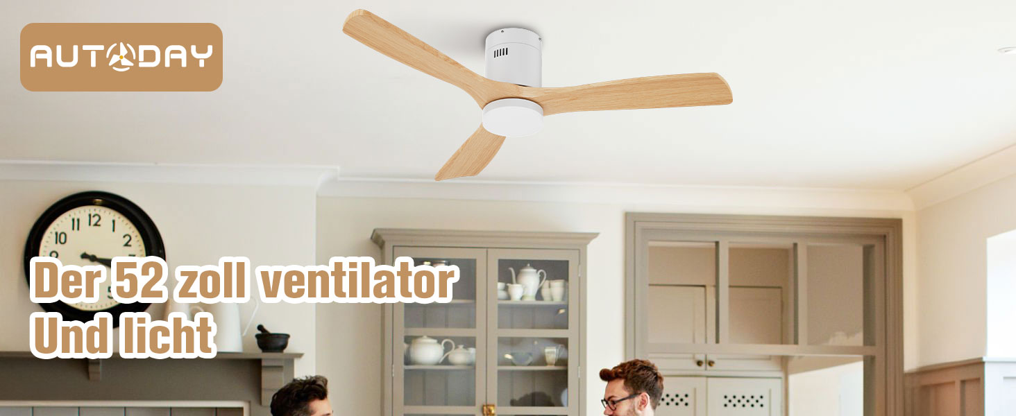 Стеляний вентилятор Holz з підсвічуванням, регулюванням яскравості LED 24W, тихий DC-двигун 38W, діаметр 132 см, з пультом дистанційного керування та таймером, 6 швидкостей, дерев'яний дизайн